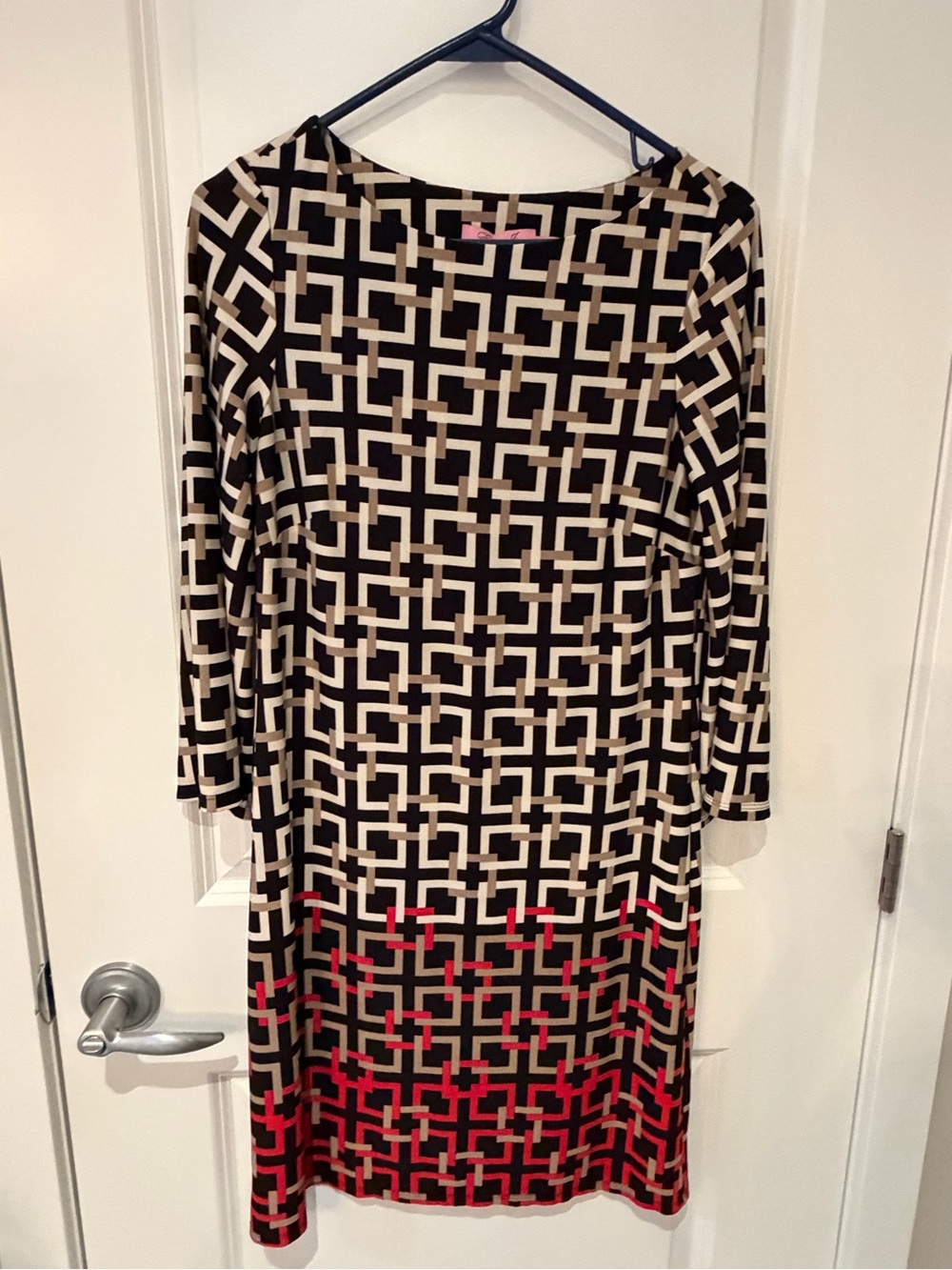 Eliza J Black, Cream & Red Geometric Long Sleeve Dress